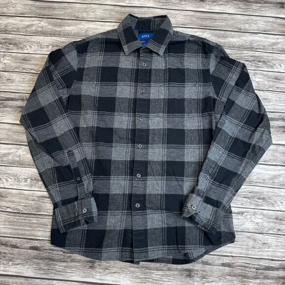 Apt 9. Men's Button Down Flannel Shirt Black Grey Gray Plaid M Med Medium Flex - Picture 1 of 11